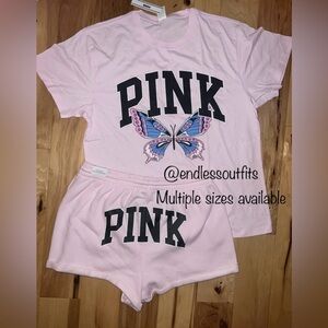 VS PINK LIMITED EDITION PINK PINK TULIP BUTTERFLY CAMPUS TEE & SHORTS OUTFIT